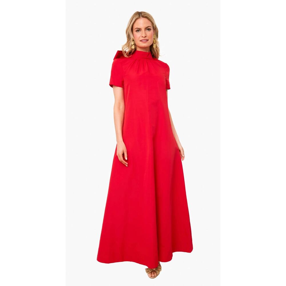 STAUD Tuckernuck Ilana Red Maxi Formal Mock Neck Bow Back Short Sleeve Dress L